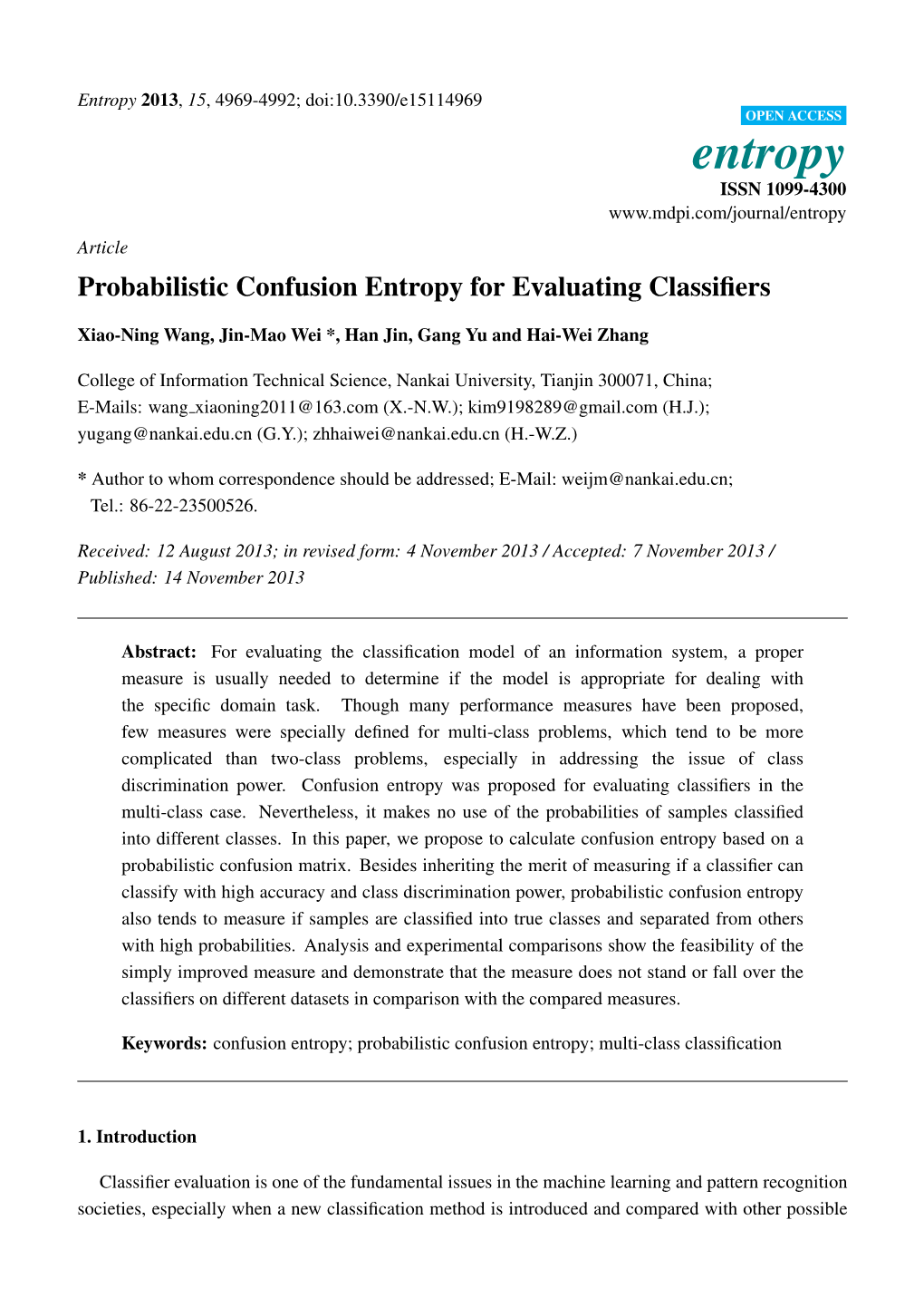 Probabilistic Confusion Entropy for Evaluating Classifiers