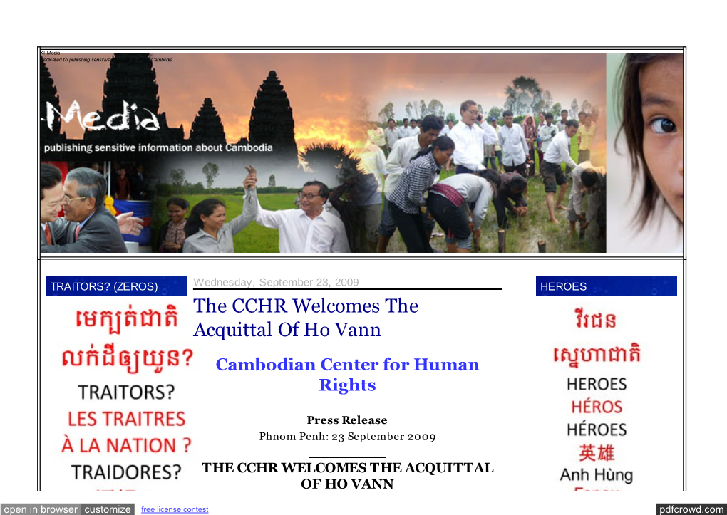 KI Media: the CCHR Welcomes the Acquittal of Ho Vann