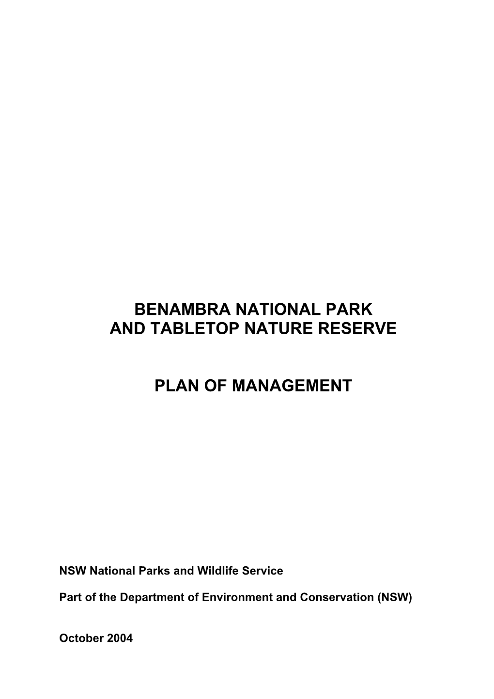 Benambra National Park and Tabletop Nature Reserve Plan of Mangement
