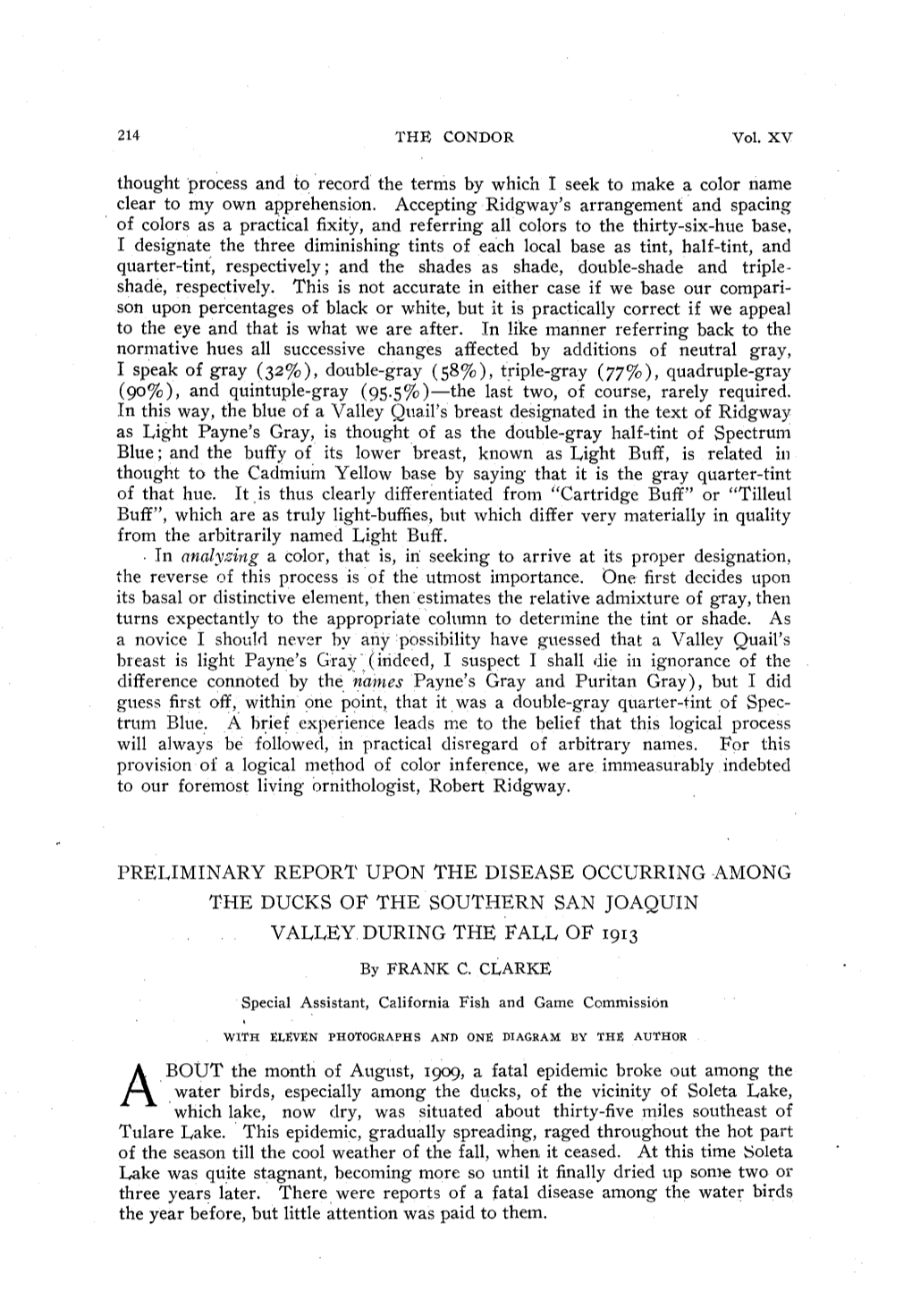 Preliminary Report Upon the Disease Occurring Among the Ducks of the Southern San Joaquin Valley During the Fall of 1913 (With E