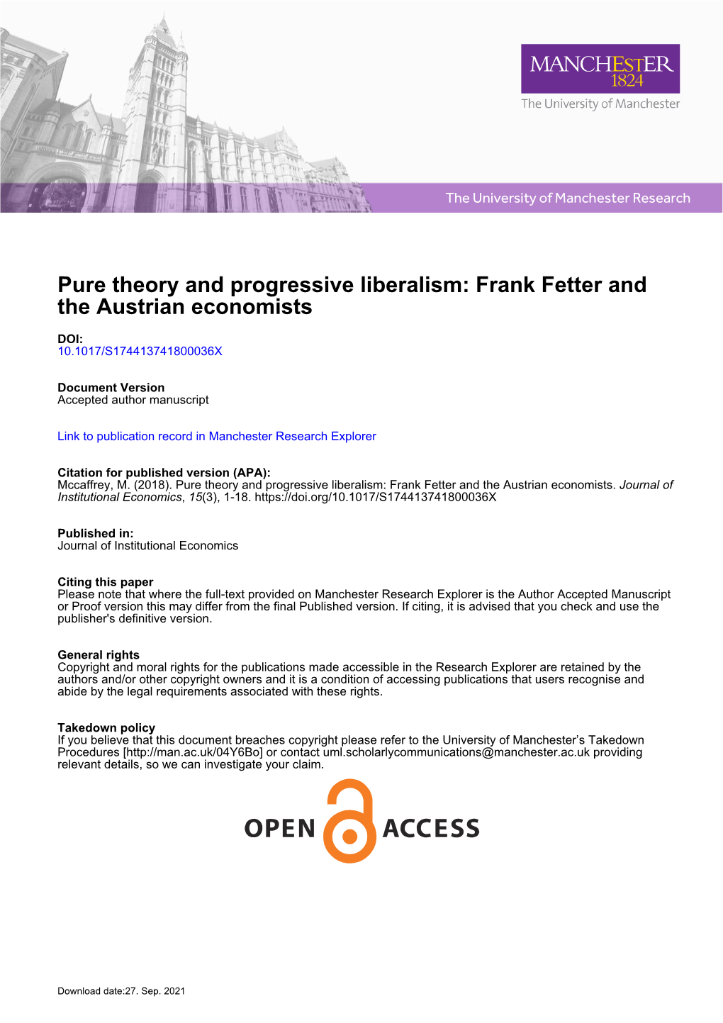 Pure Theory and Progressive Liberalism: Frank Fetter and the Austrian Economists