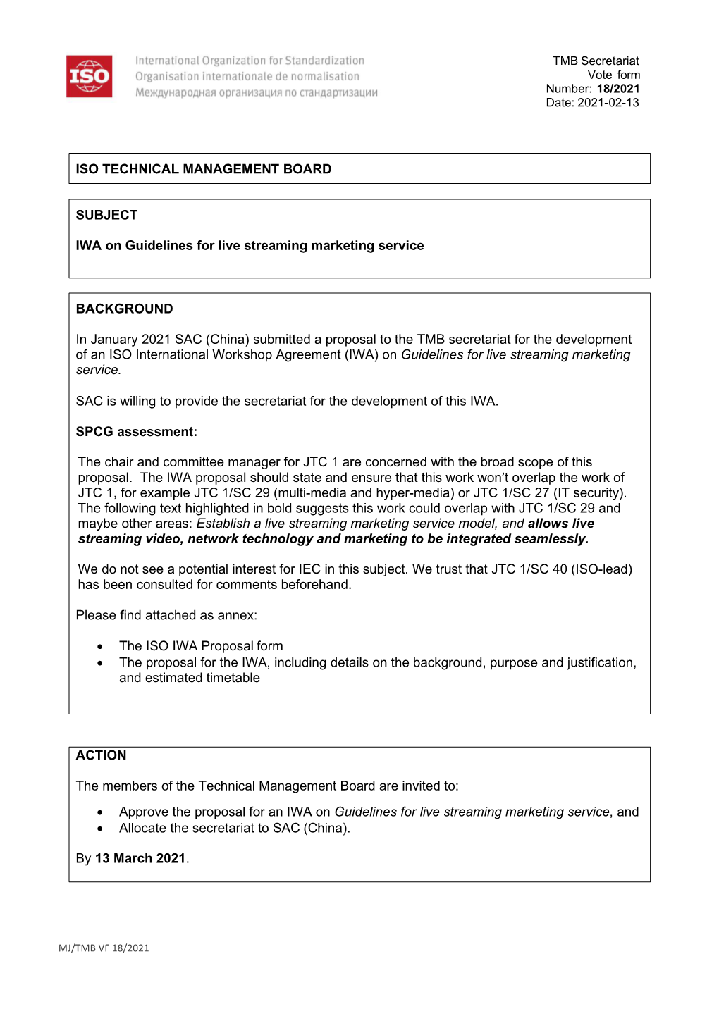 ISO TECHNICAL MANAGEMENT BOARD SUBJECT IWA On