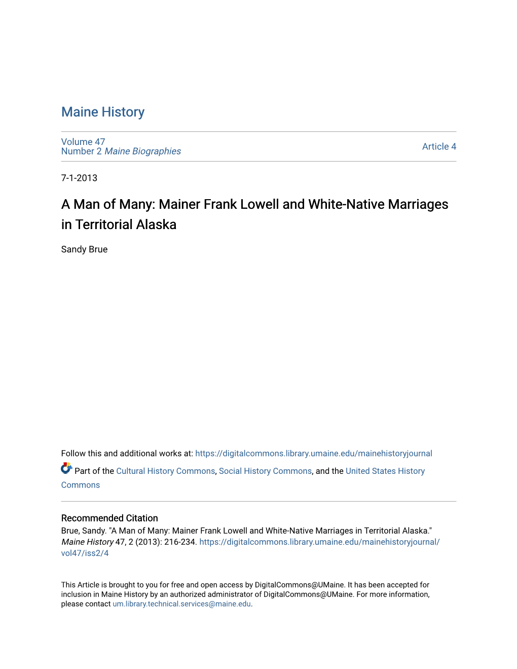 A Man of Many: Mainer Frank Lowell and White-Native Marriages in Territorial Alaska