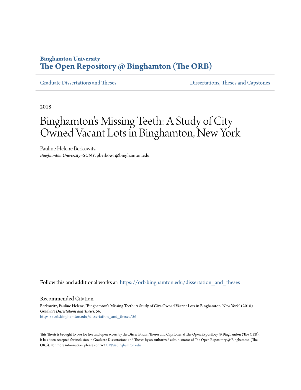 A Study of City-Owned Vacant Lots in Binghamton, New York" (2018)