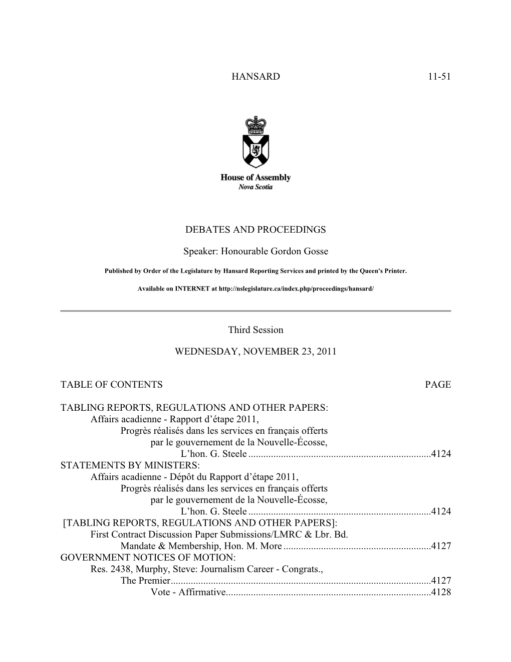 HANSARD 11-51 DEBATES and PROCEEDINGS Speaker