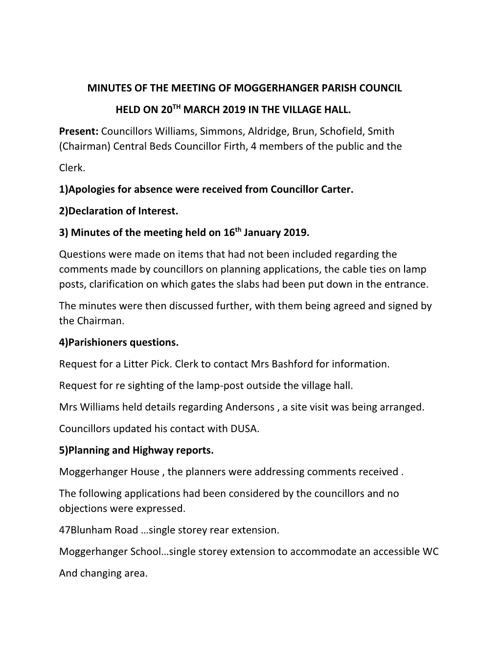 Minutes of the Meeting of Moggerhanger Parish Council Held on 20Th March 2019 in the Village Hall