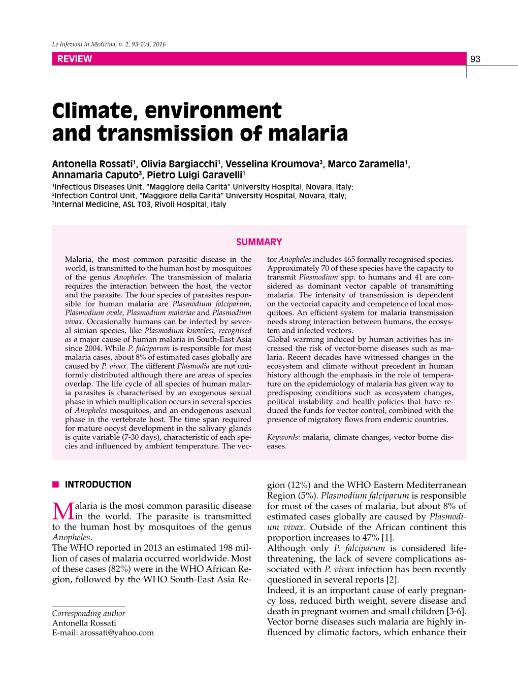 Climate, Environment and Transmission of Malaria