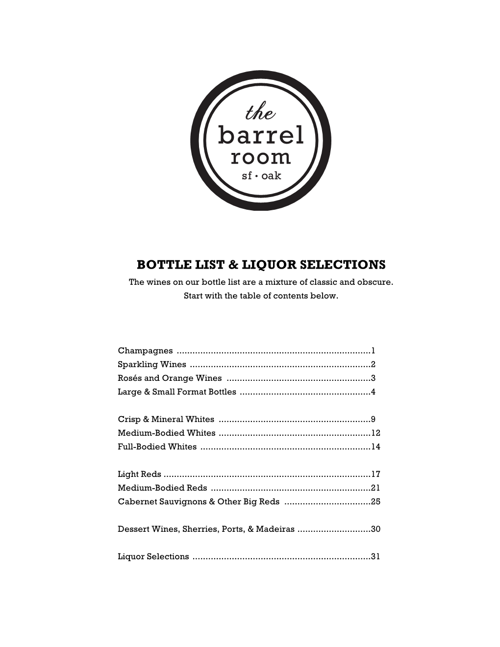 Bottle List & Liquor Selections