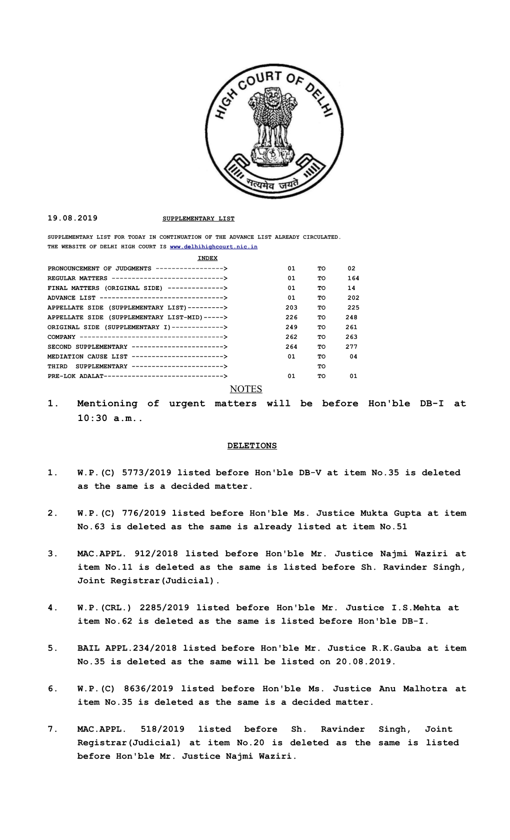 NOTES 1. Mentioning of Urgent Matters Will Be Before Hon'ble DB-I at 10:30 A.M