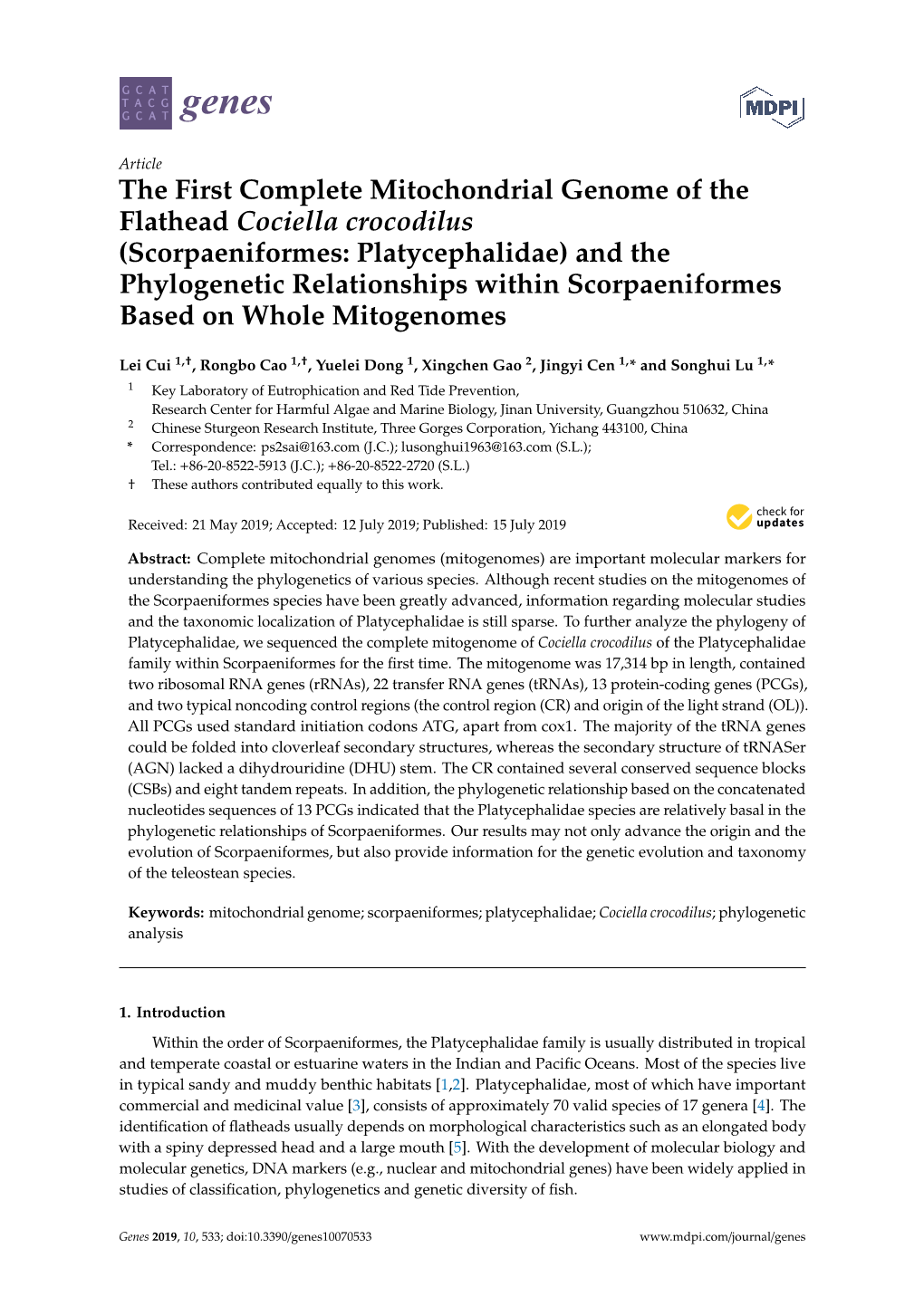 Scorpaeniformes: Platycephalidae) and the Phylogenetic Relationships Within Scorpaeniformes Based on Whole Mitogenomes