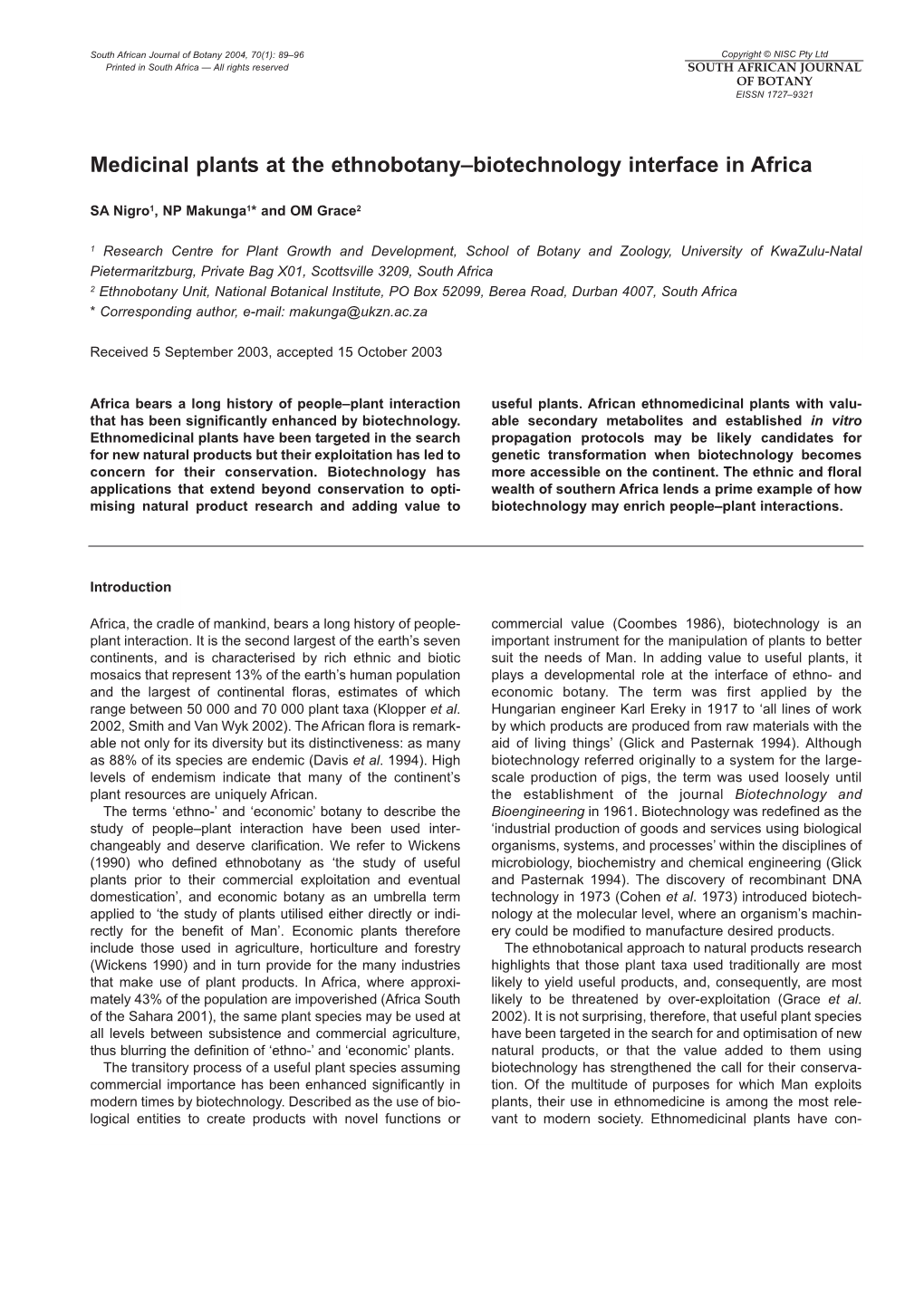 Medicinal Plants at the Ethnobotany–Biotechnology Interface in Africa