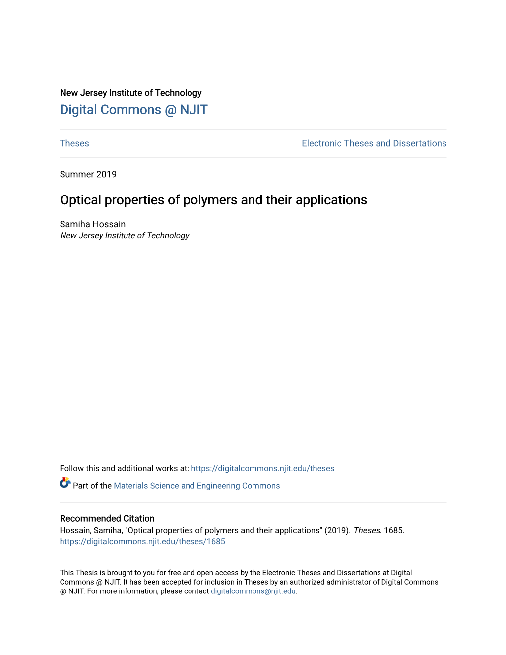 Optical Properties of Polymers and Their Applications