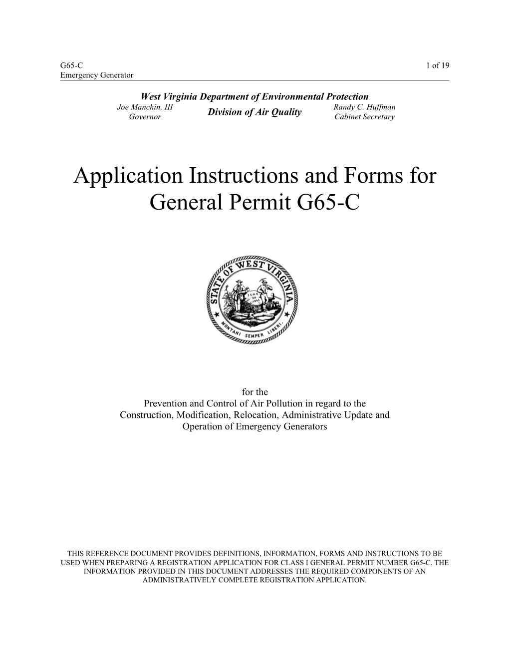 Application Instructions and Forms for General Permit G65-C