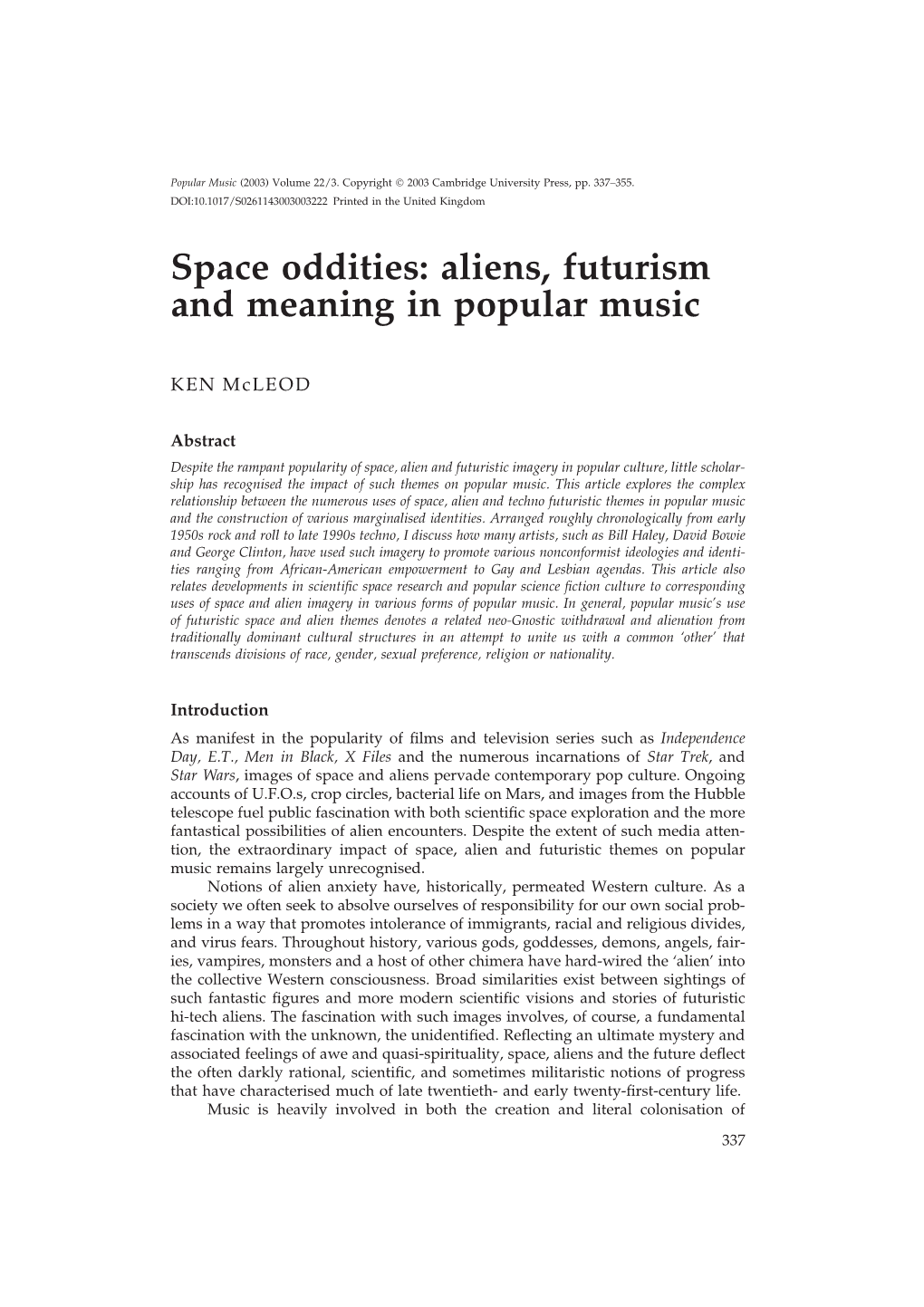 Space Oddities: Aliens, Futurism and Meaning in Popular Music