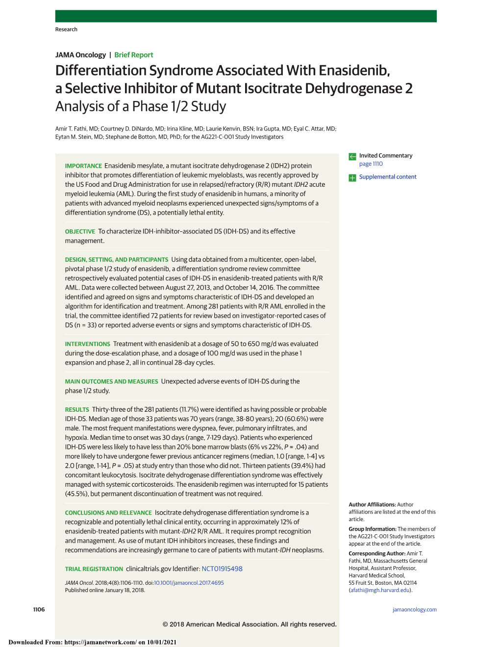 Differentiation Syndrome Associated with Enasidenib, a Selective Inhibitor of Mutant Isocitrate Dehydrogenase 2 Analysis of a Phase 1/2 Study