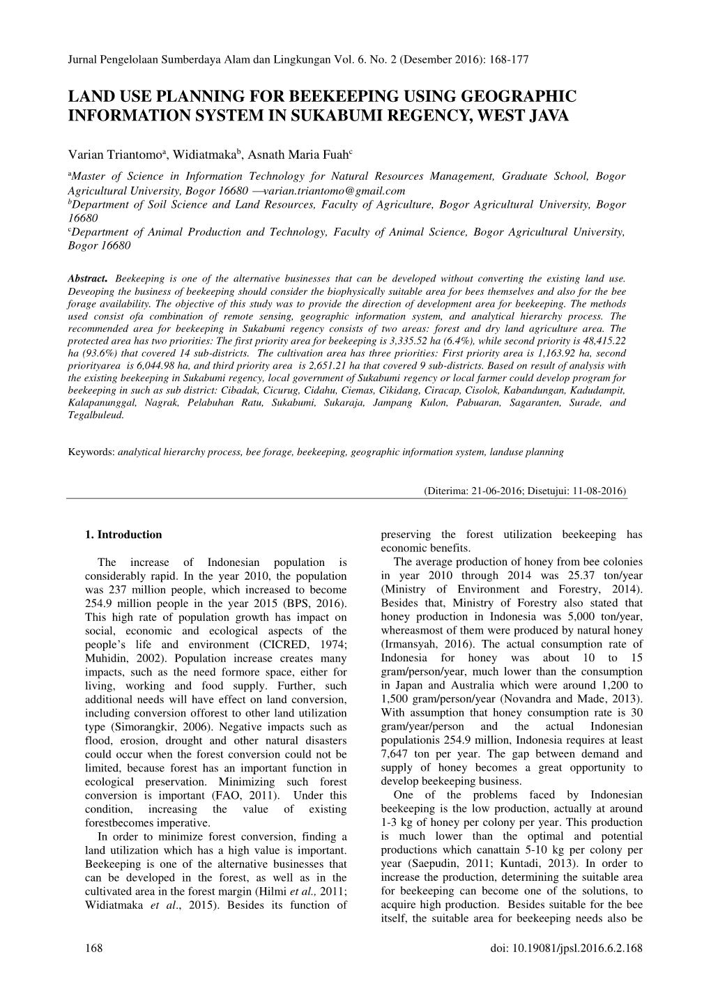 Land Use Planning for Beekeeping Using Geographic Information System in Sukabumi Regency, West Java