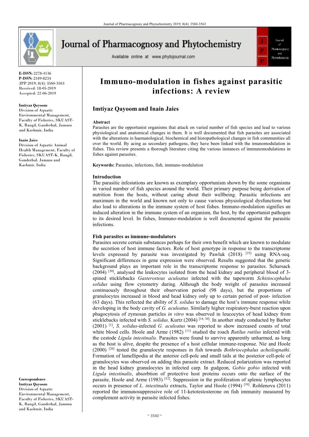 Immuno-Modulation in Fishes Against Parasitic Infections