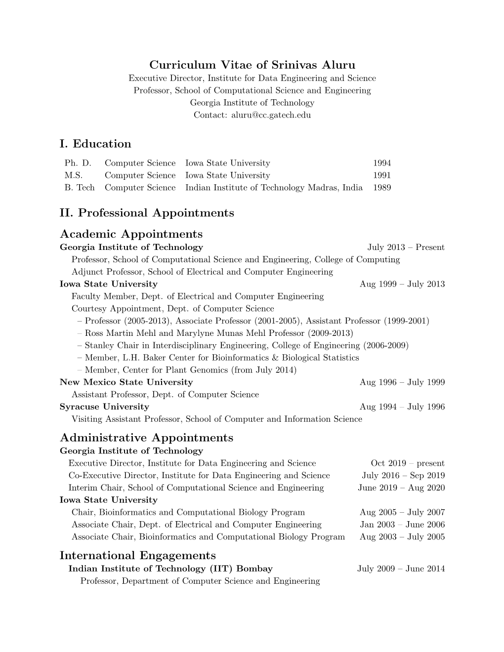 Curriculum Vitae of Srinivas Aluru