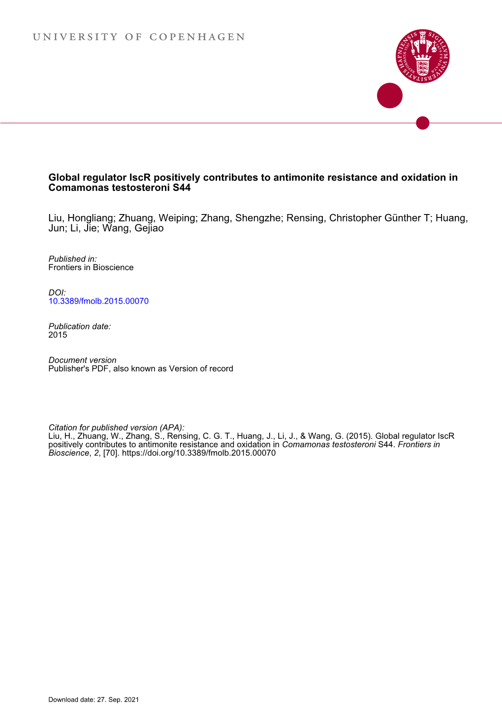 Global Regulator Iscr Positively Contributes to Antimonite Resistance and Oxidation in Comamonas Testosteroni S44