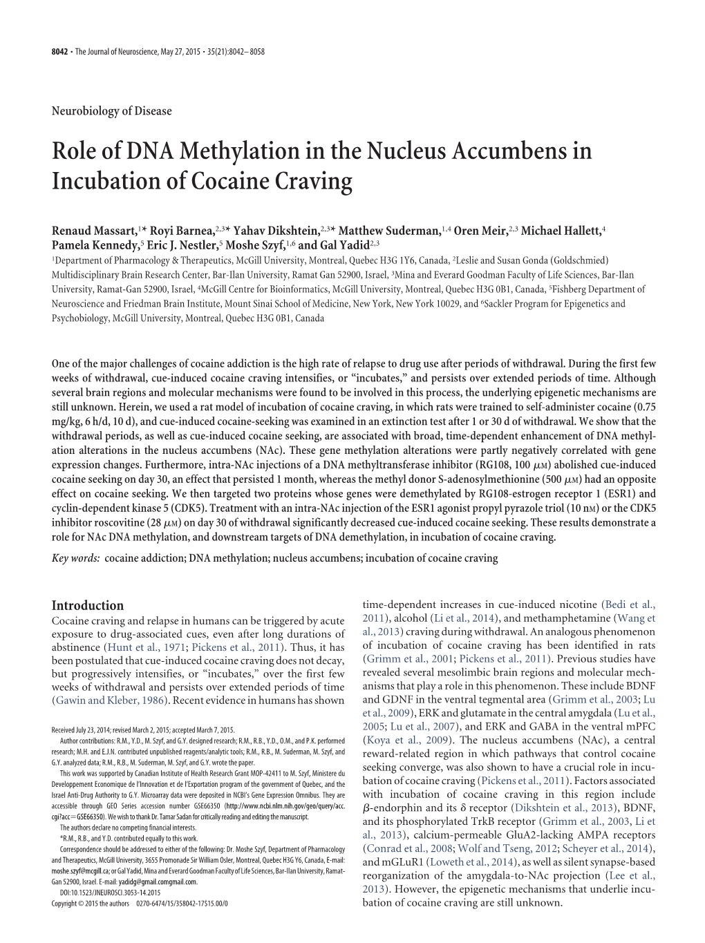 Role of DNA Methylation in the Nucleus Accumbens in Incubation of Cocaine Craving