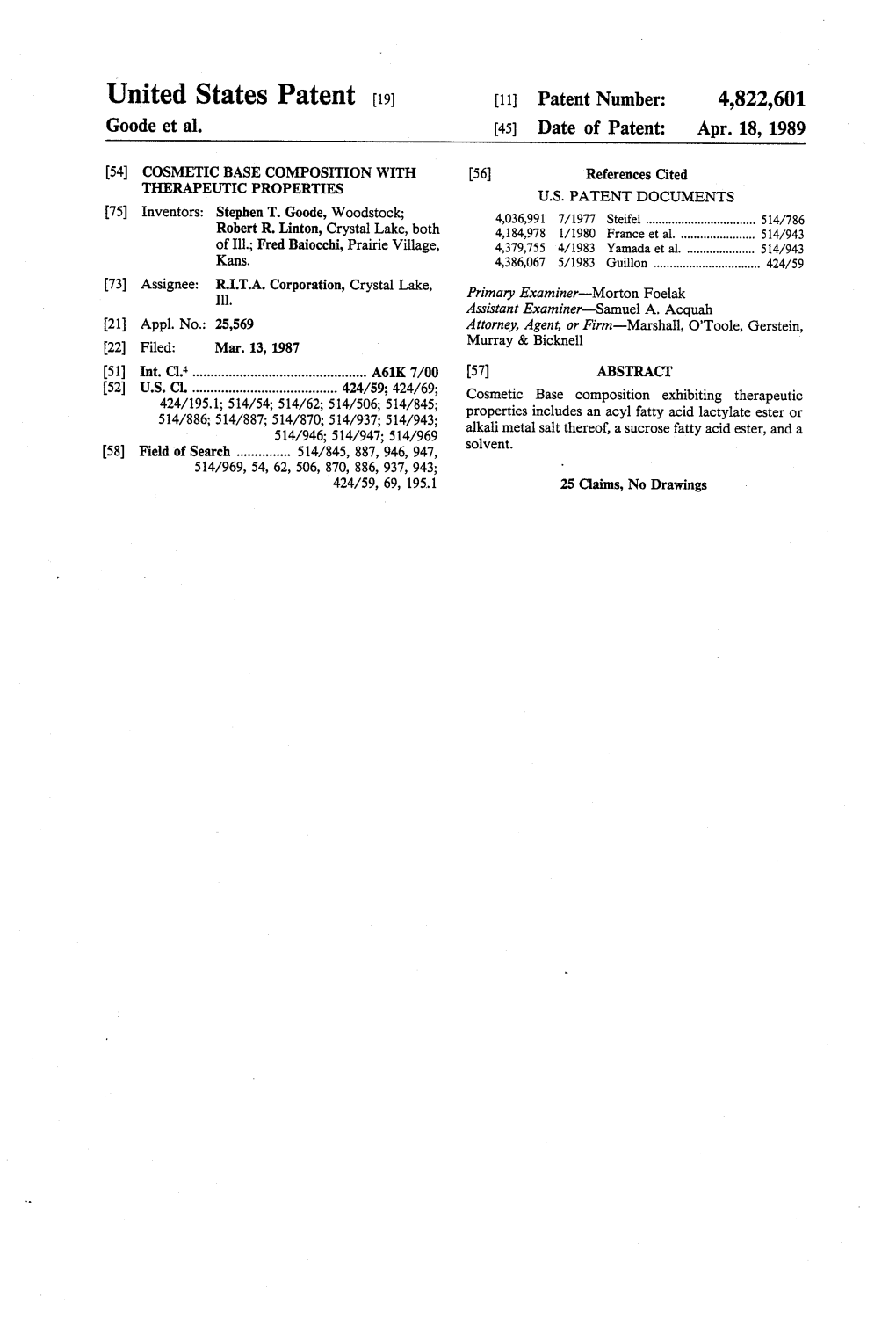 United States Patent (19) 11 Patent Number: 4,822,601 Goode Et Al