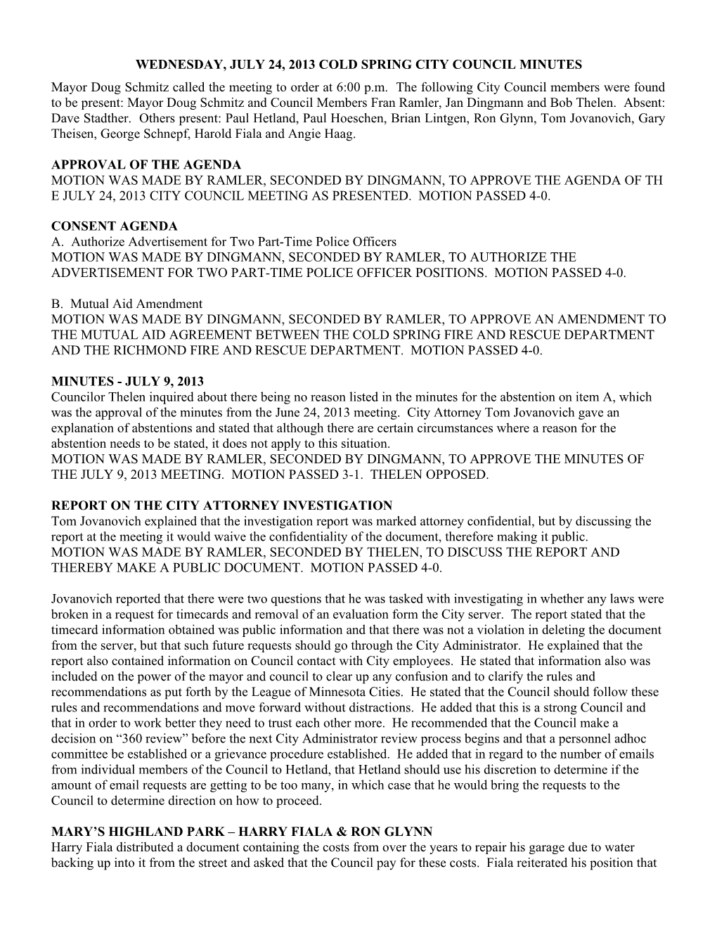 Wednesday, October 29, 2003, 6:30 Pm, Cold Spring City Council Regular Meeting Minutes