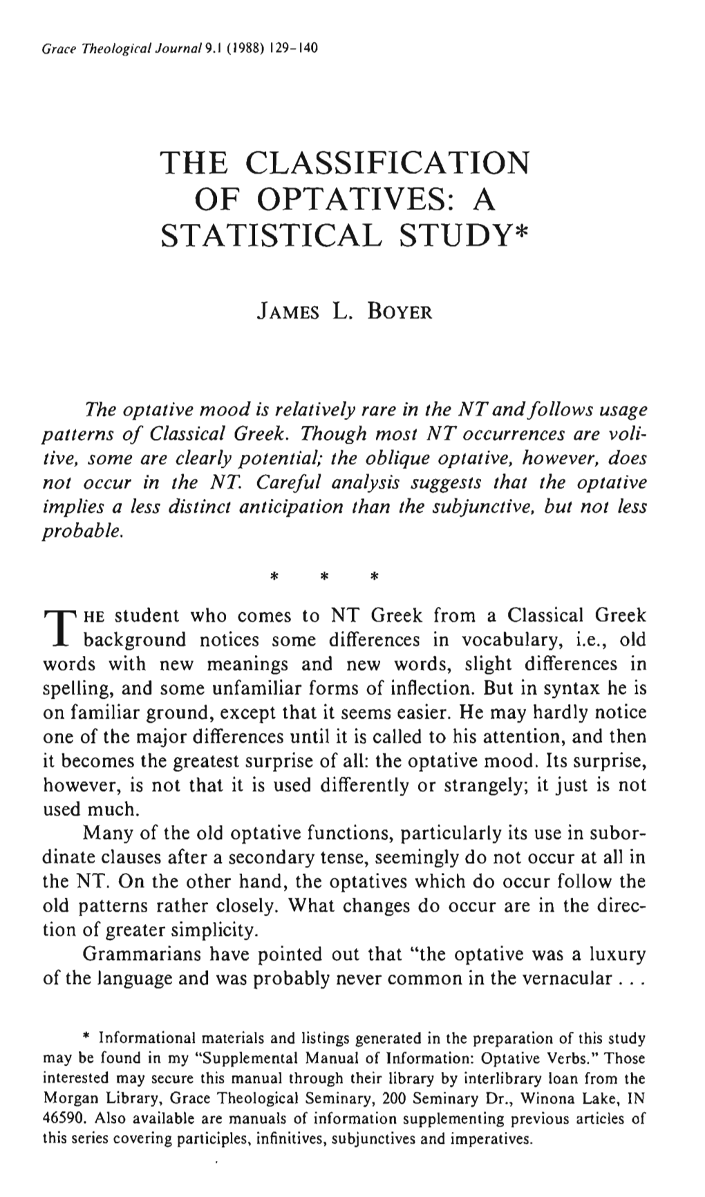 The Classification of Optatives: a Statistical Study*