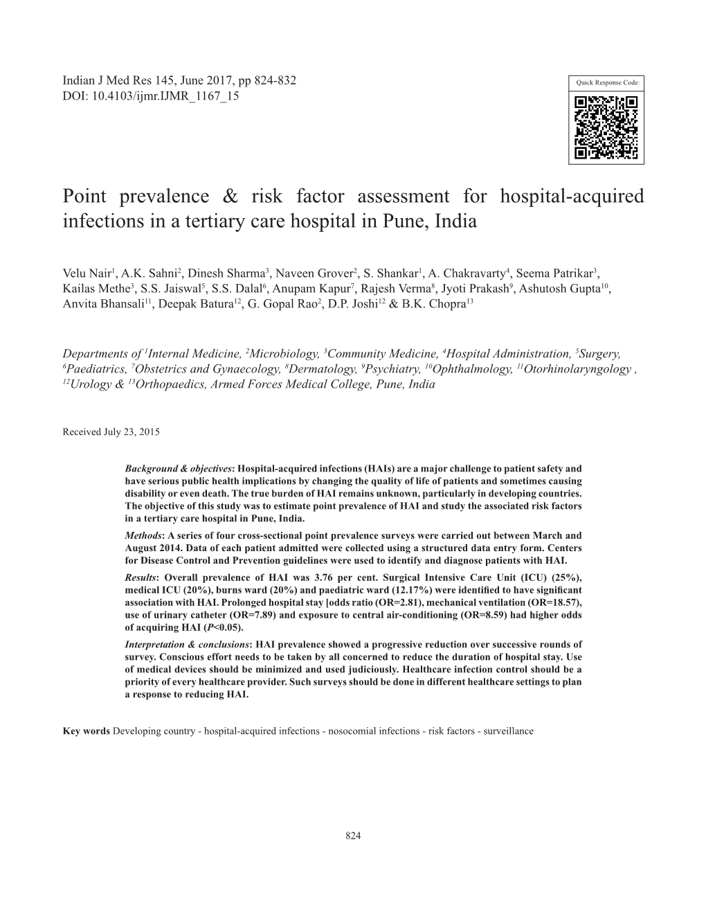 Point Prevalence & Risk Factor Assessment for Hospital-Acquired
