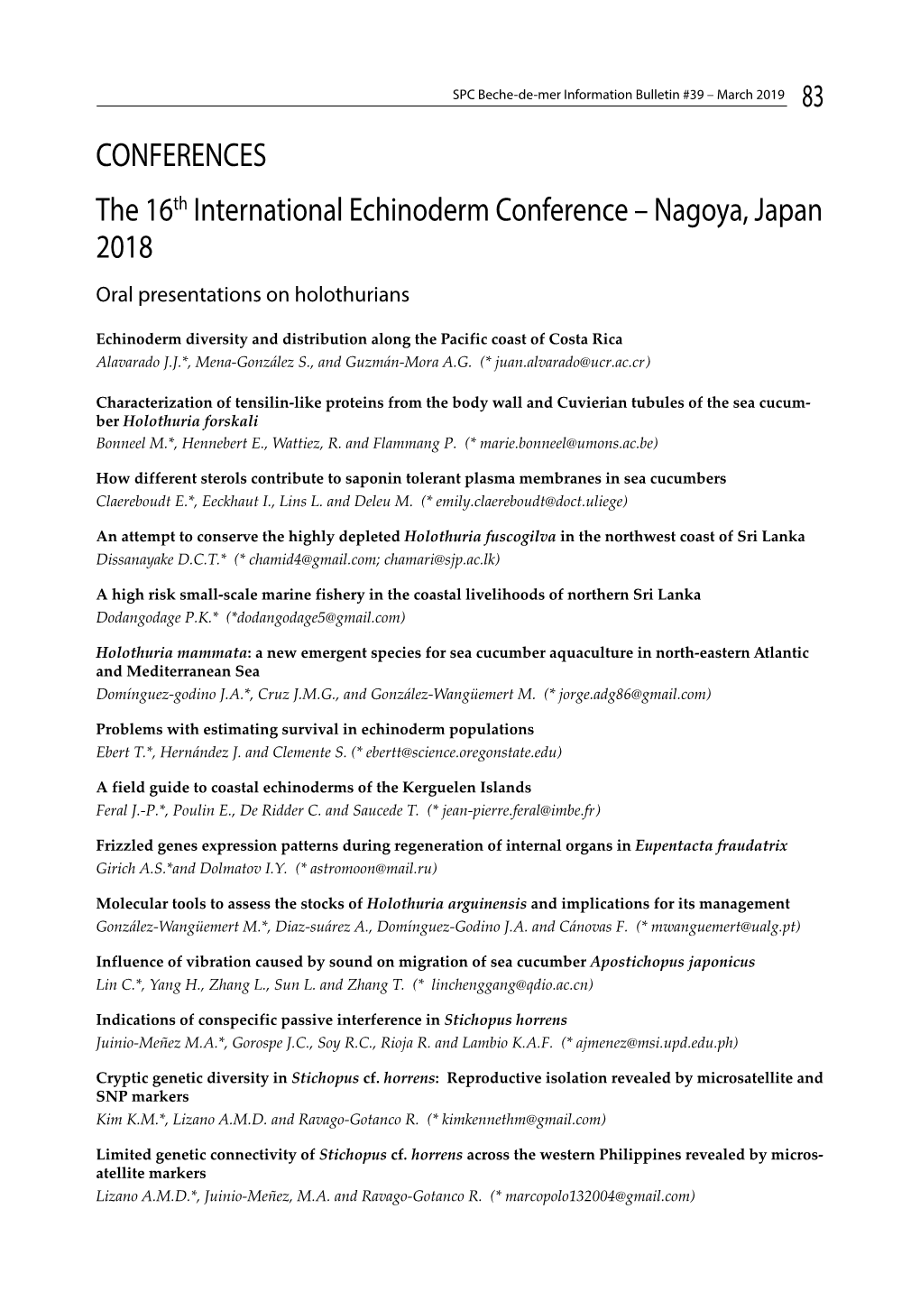 CONFERENCES the 16Th International Echinoderm Conference – Nagoya, Japan 2018 Oral Presentations on Holothurians