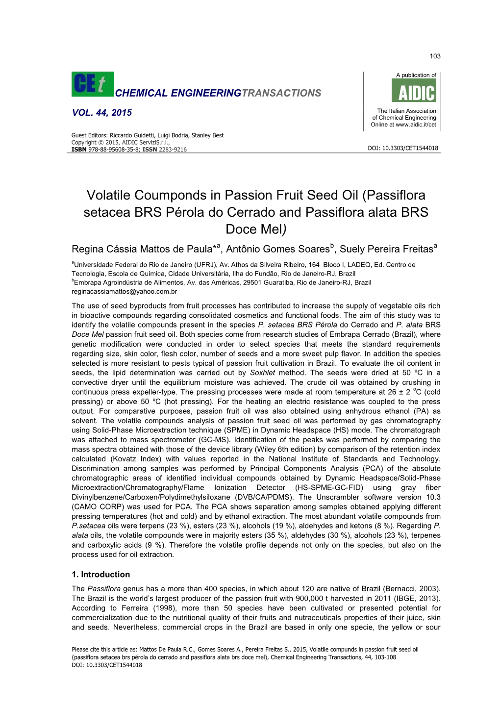 Volatile Coumponds in Passion Fruit Seed Oil (Passiflora