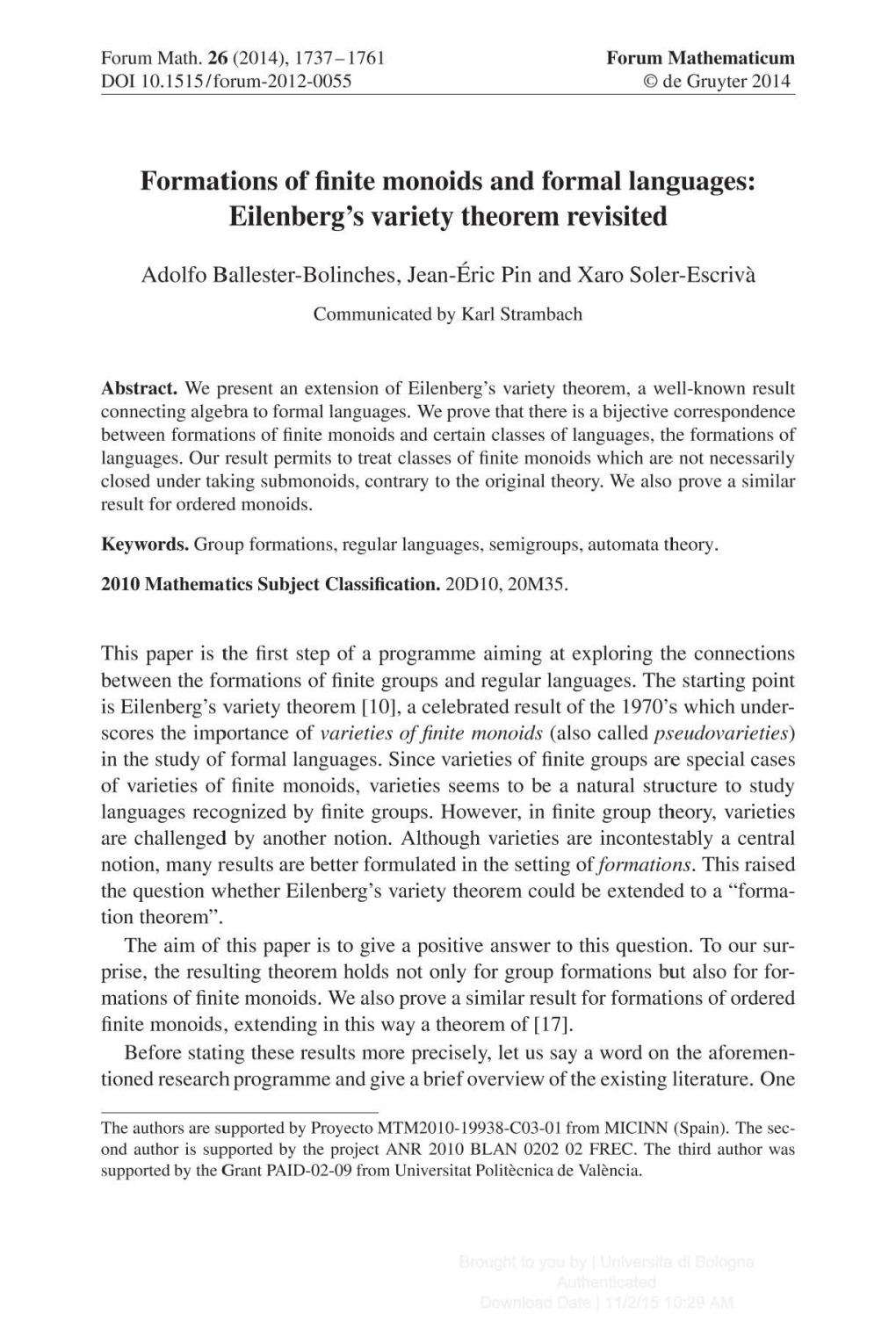 Formations of Finite Monoids and Formal Languages: Eilenberg's Variety Theorem Revisited