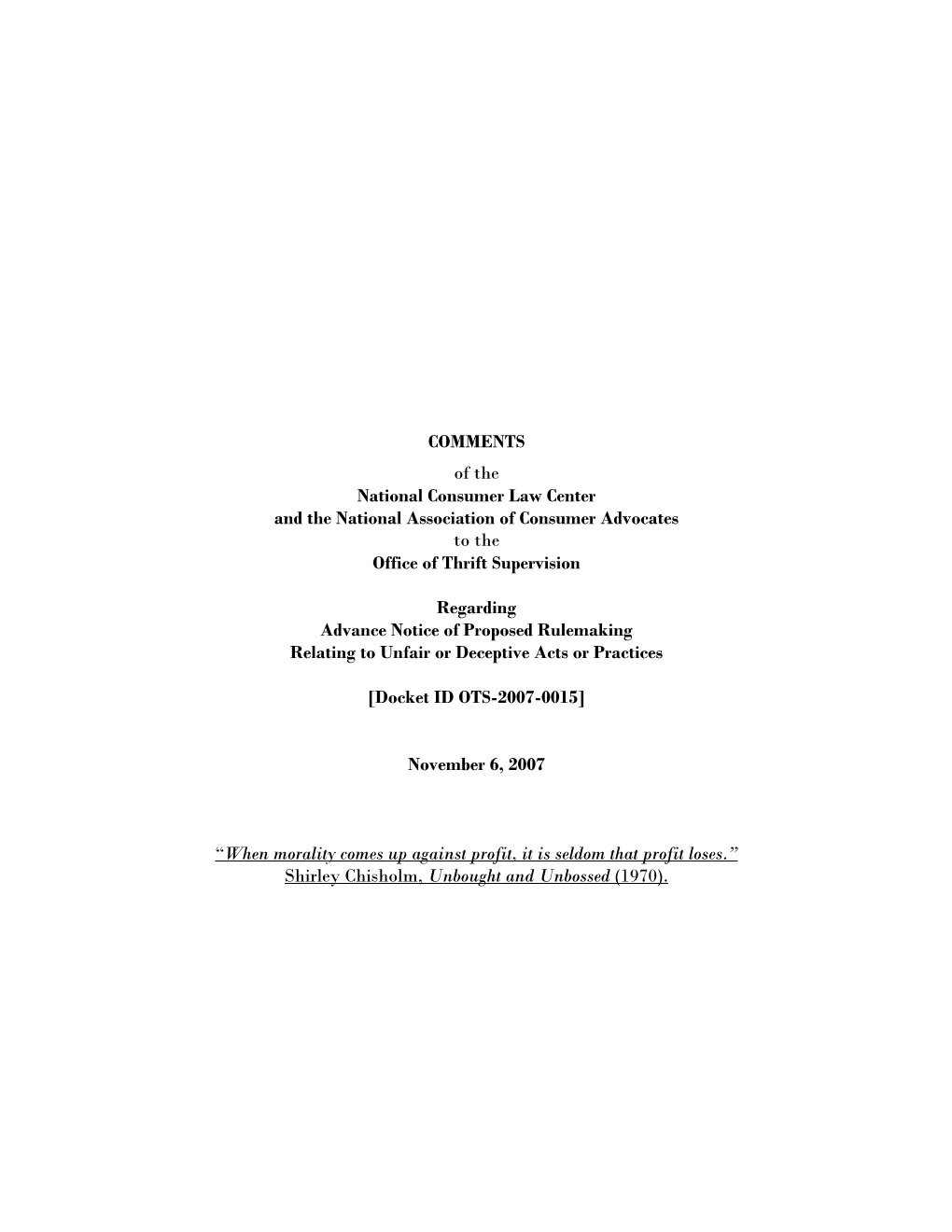 COMMENTS of the National Consumer Law Center and the National Association of Consumer Advocates to the Office of Thrift Supervision