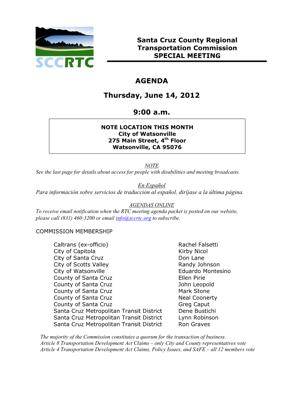 Santa Cruz County Regional Transportation Commission SPECIAL MEETING