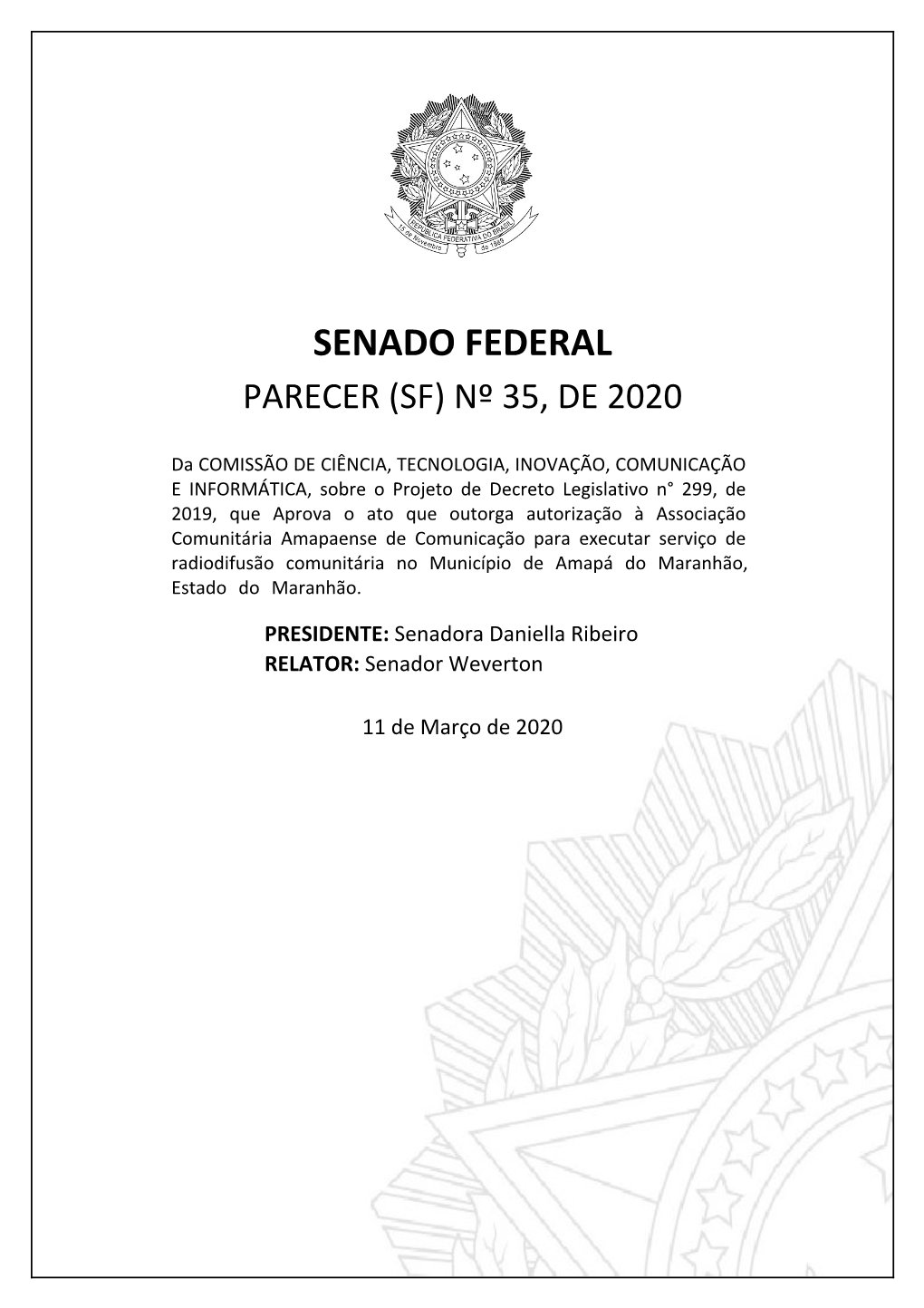 Senado Federal Parecer (Sf) Nº 35, De 2020