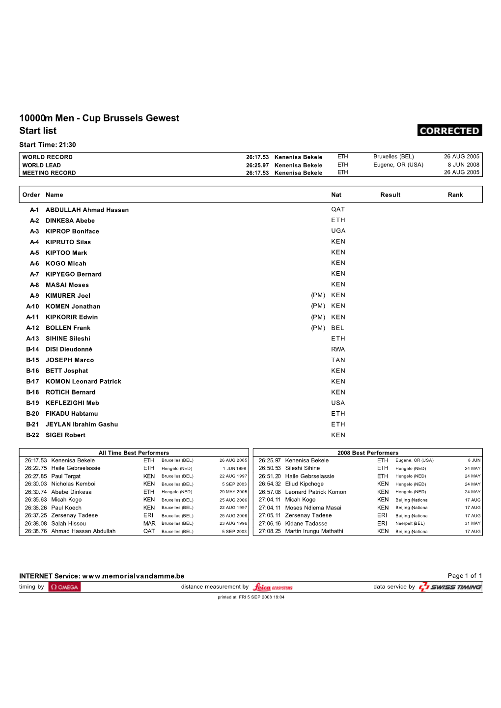 10000M Men - Cup Brussels Gewest Start List Start Time: 21:30