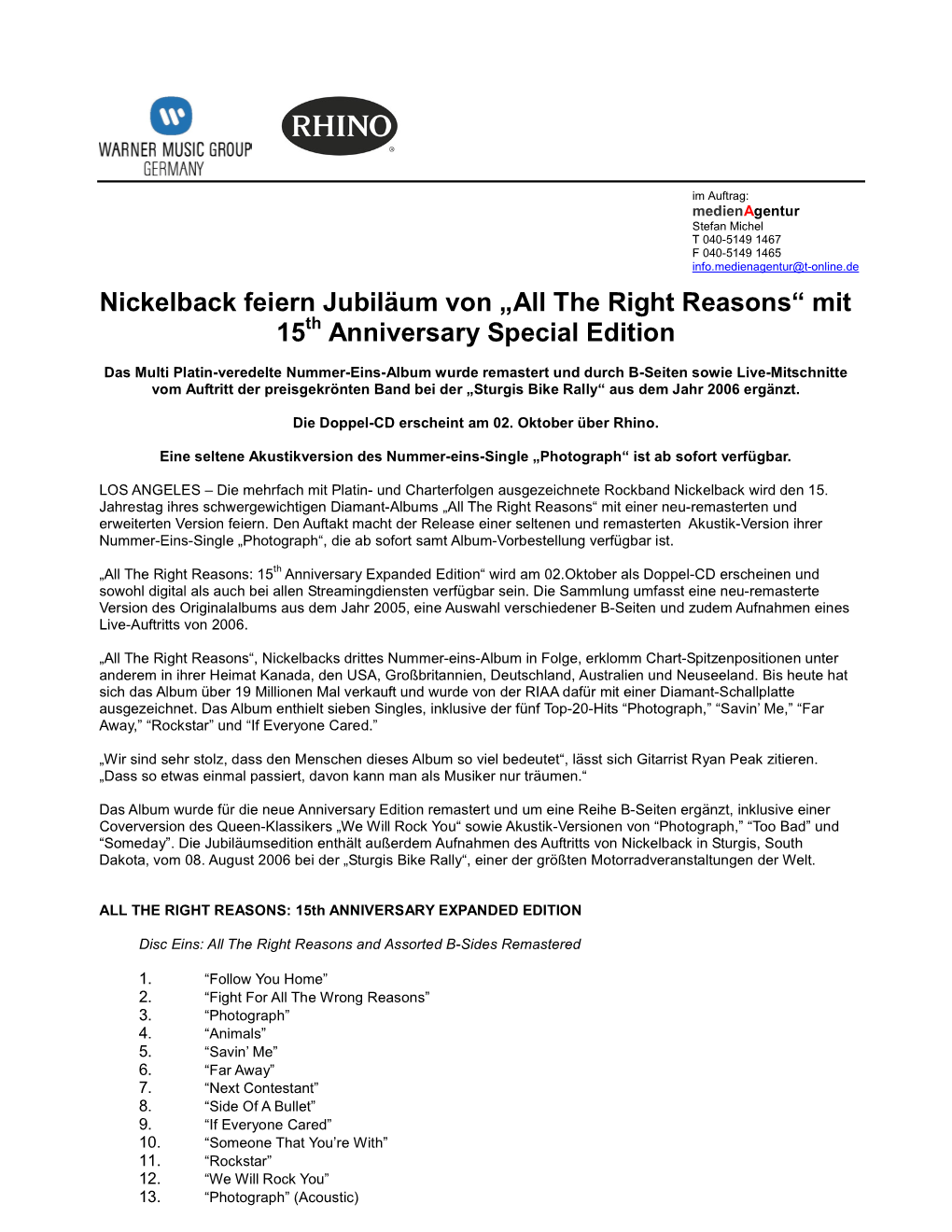 Nickelback Feiern Jubiläum Von „All the Right Reasons“ Mit 15Th Anniversary Special Edition