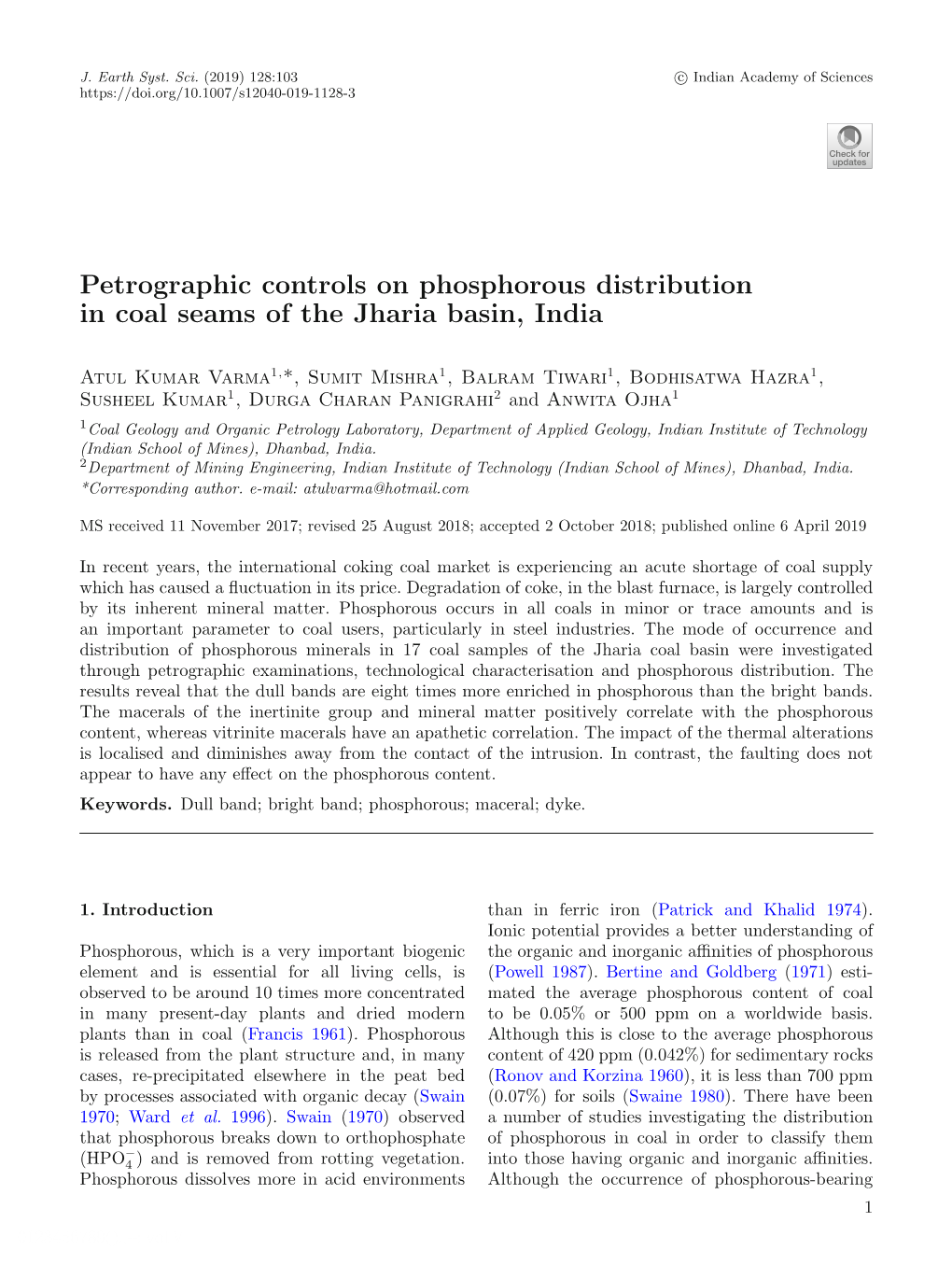 Petrographic Controls on Phosphorous Distribution in Coal Seams of the Jharia Basin, India