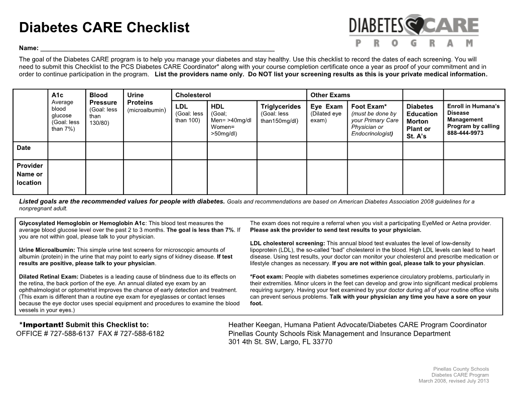 Diabetes Care Checklist