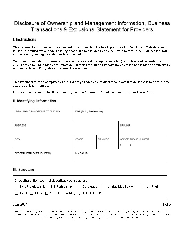 Disclosure of Ownership and Management Information, Business Transactionsexclusions Statement