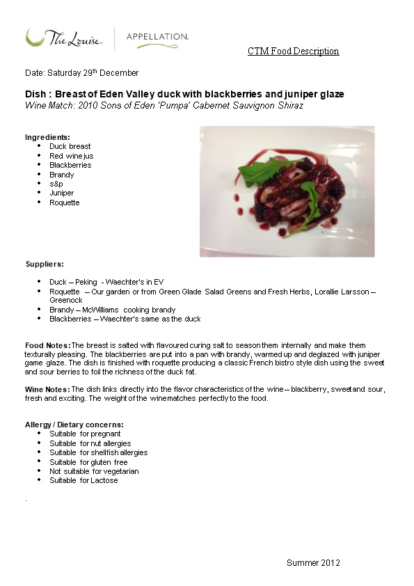 Dish :Breast of Eden Valley Duck with Blackberries and Juniper Glaze