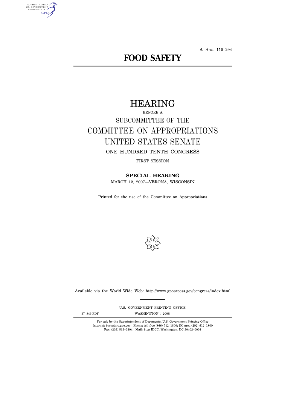 Food Safety Hearing Committee on Appropriations United States Senate