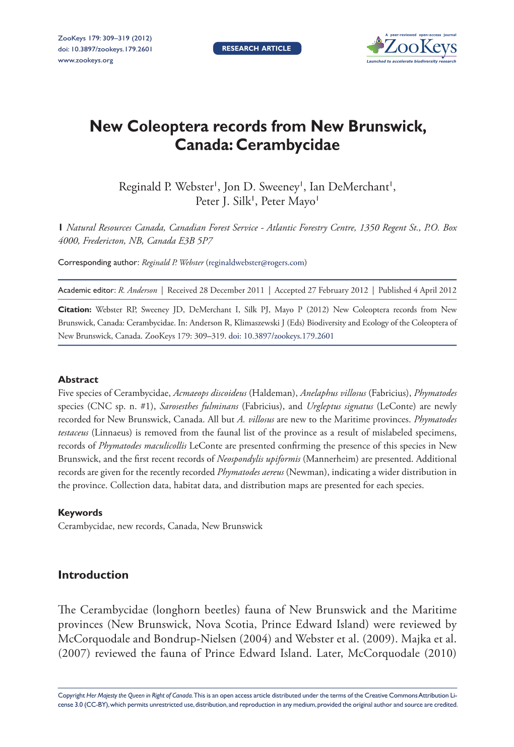 New Coleoptera Records from New Brunswick, Canada: Cerambycidae