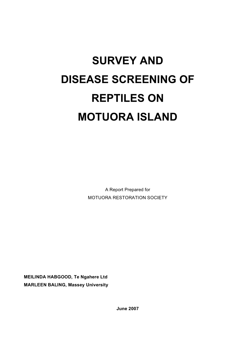 Survey and Disease Screening of Reptiles on Motuora Island