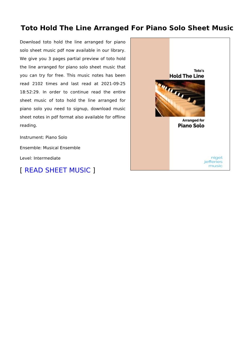 Toto Hold the Line Arranged for Piano Solo Sheet Music