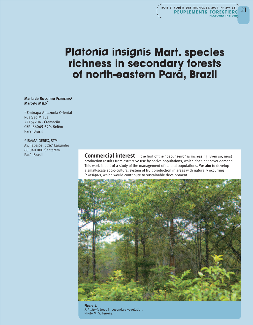 Platonia Insignis Mart. Species Richness in Secondary Forests of North-Eastern Pará, Brazil