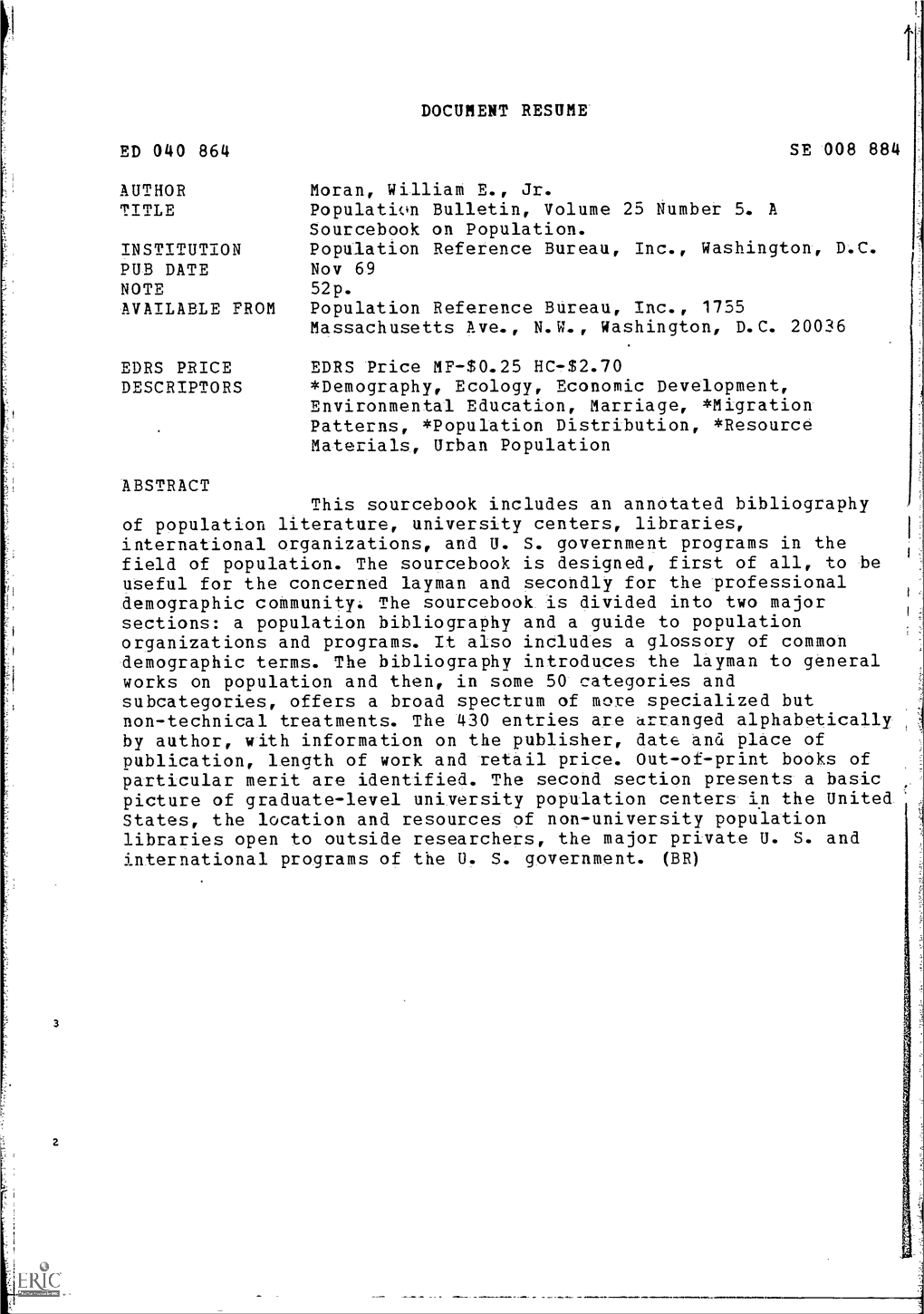 Population Bulletin, Volume 25 Number 5. a Sourcebook on Population