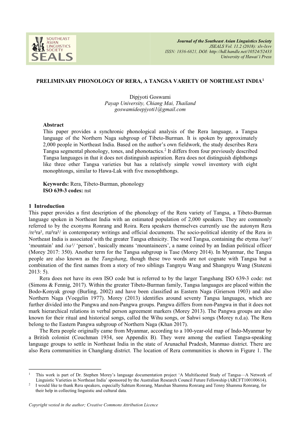 Preliminary Phonology of Rera, a Tangsa Variety of Northeast India1