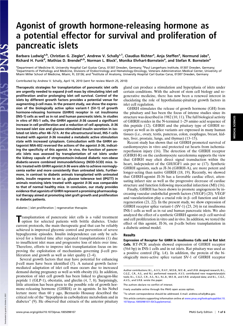 Agonist of Growth Hormone-Releasing Hormone As a Potential Effector for Survival and Proliferation of Pancreatic Islets