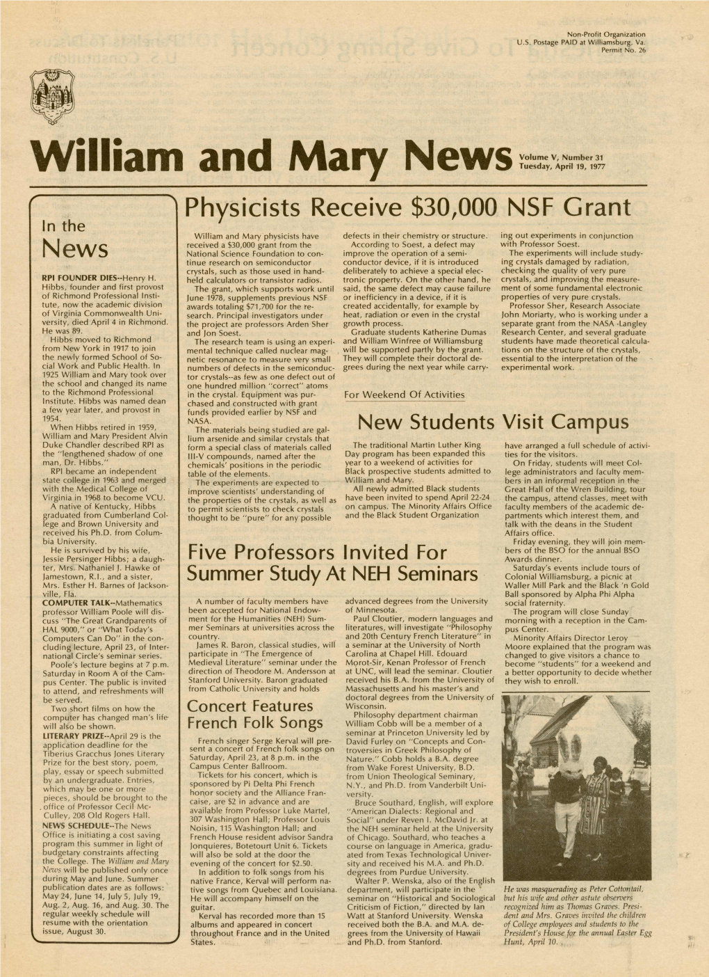 William and Mary News Volume V, Number 31