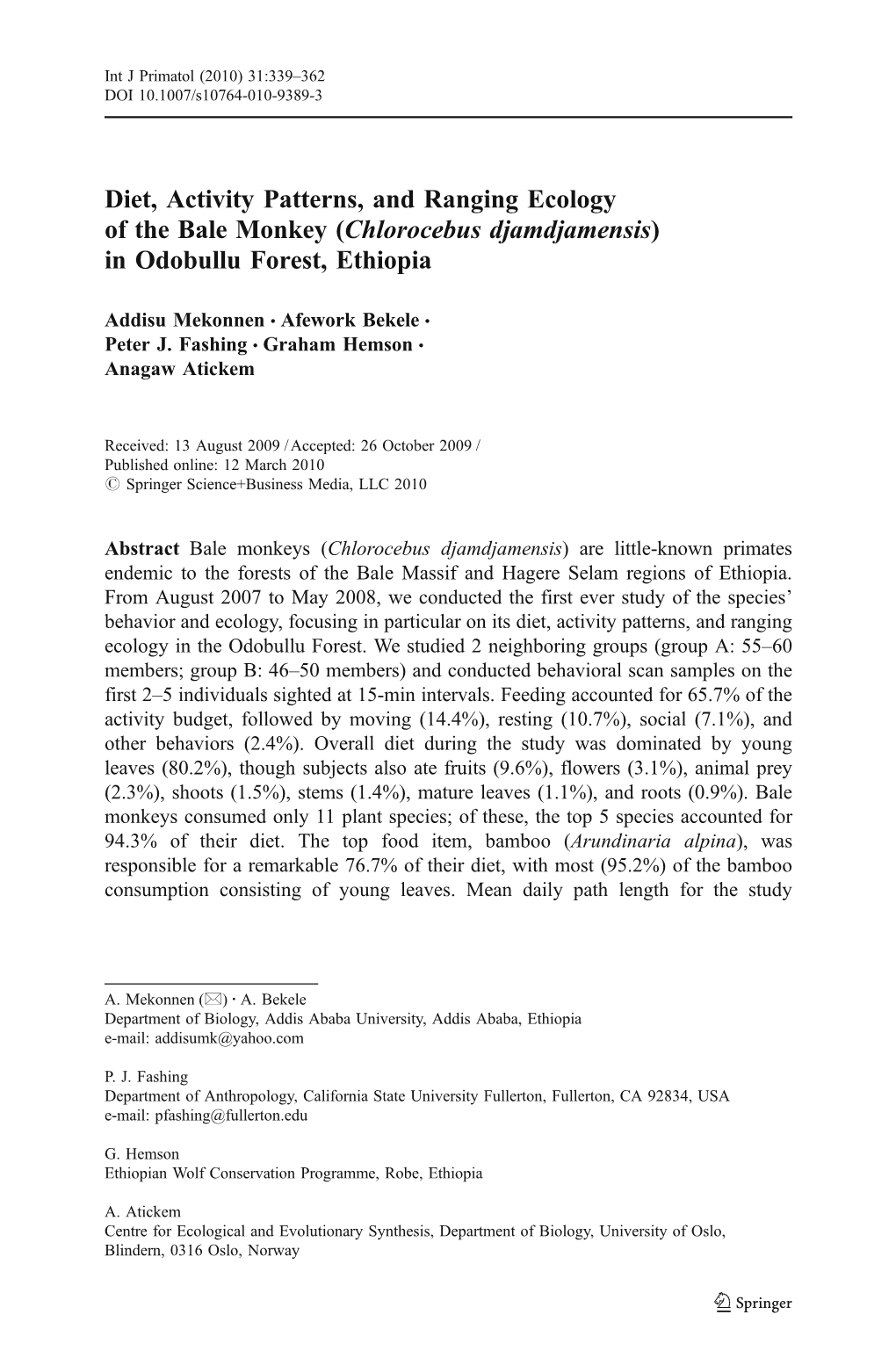 Diet, Activity Patterns, and Ranging Ecology of the Bale Monkey (Chlorocebus Djamdjamensis) in Odobullu Forest, Ethiopia